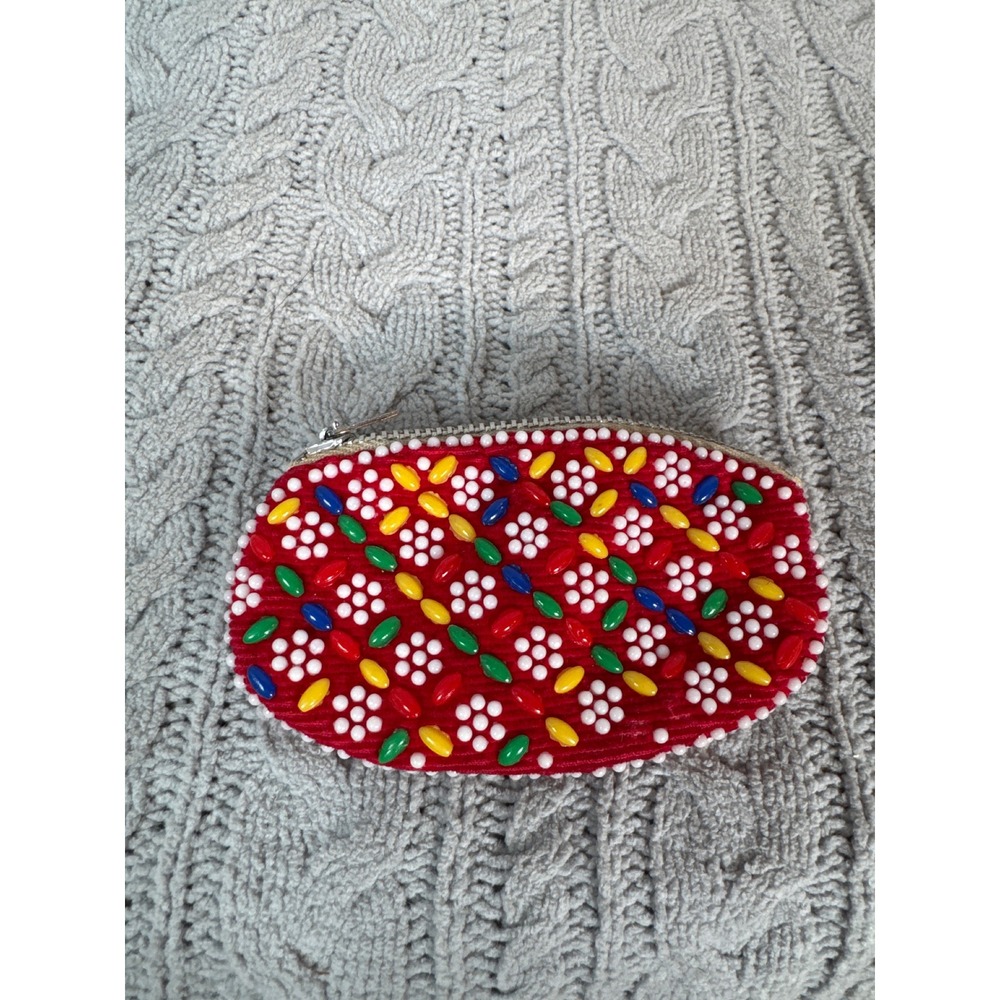 Beaded Coin Purse Red Floral White Beads Zipper Closure Small Pouch